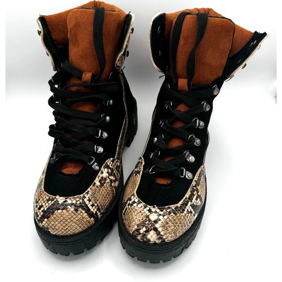 TAXI Snake Print Chunky Combat Boots 90s Grunge Street Style Black Tan wmns 10 - Picture 1 of 7